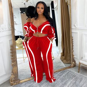 Contrast-color Long-sleeve Cardigan Sports-style Two-piece Set, Fashionable And Casual