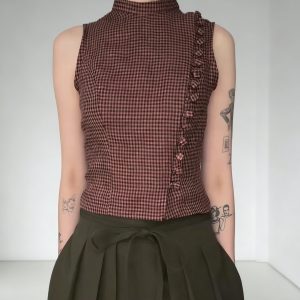 Red Black Gingham Turtleneck Sleeveless Side Ruffle Crop Top