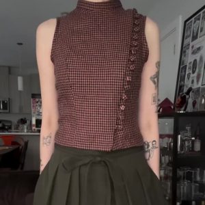 Red Black Gingham Turtleneck Sleeveless Side Ruffle Crop Top