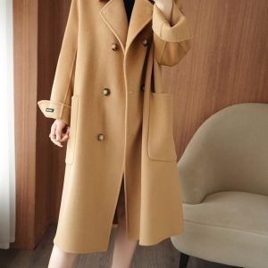 Long Below-the-Knee Double-Breasted Wool Coat In Korean Style