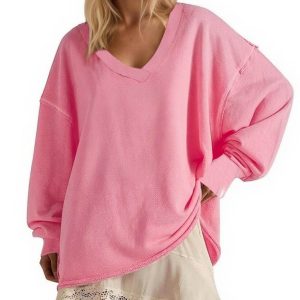 New Solid-color V-neck Loose-fitting Long-sleeve Top For Women