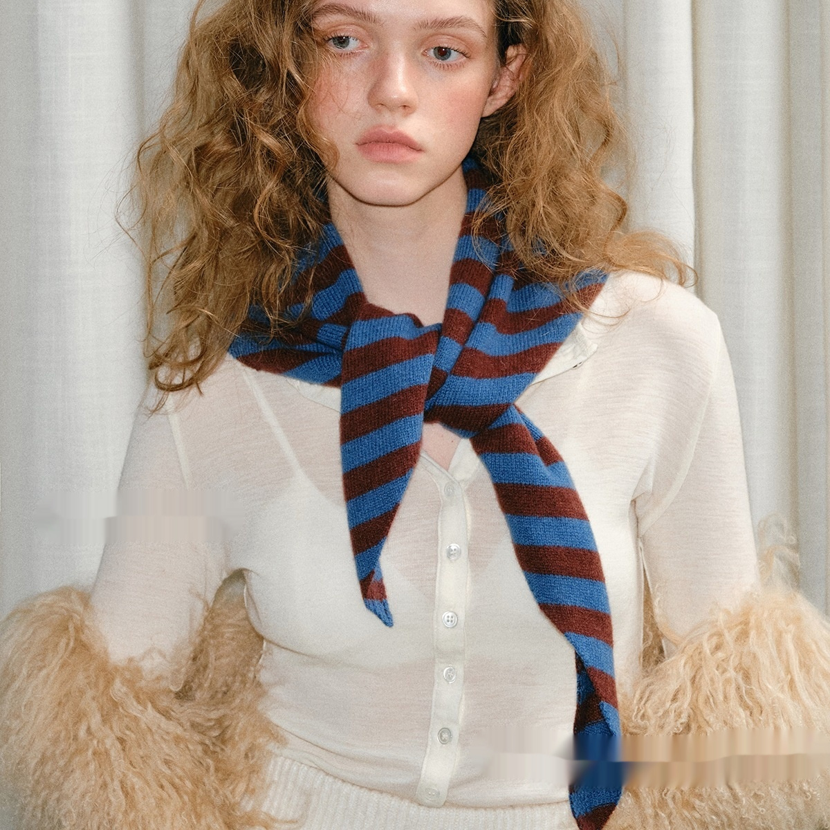 Pure Wool Striped Knitted Triangular Warm Neck Scarfhat - الصورة 2