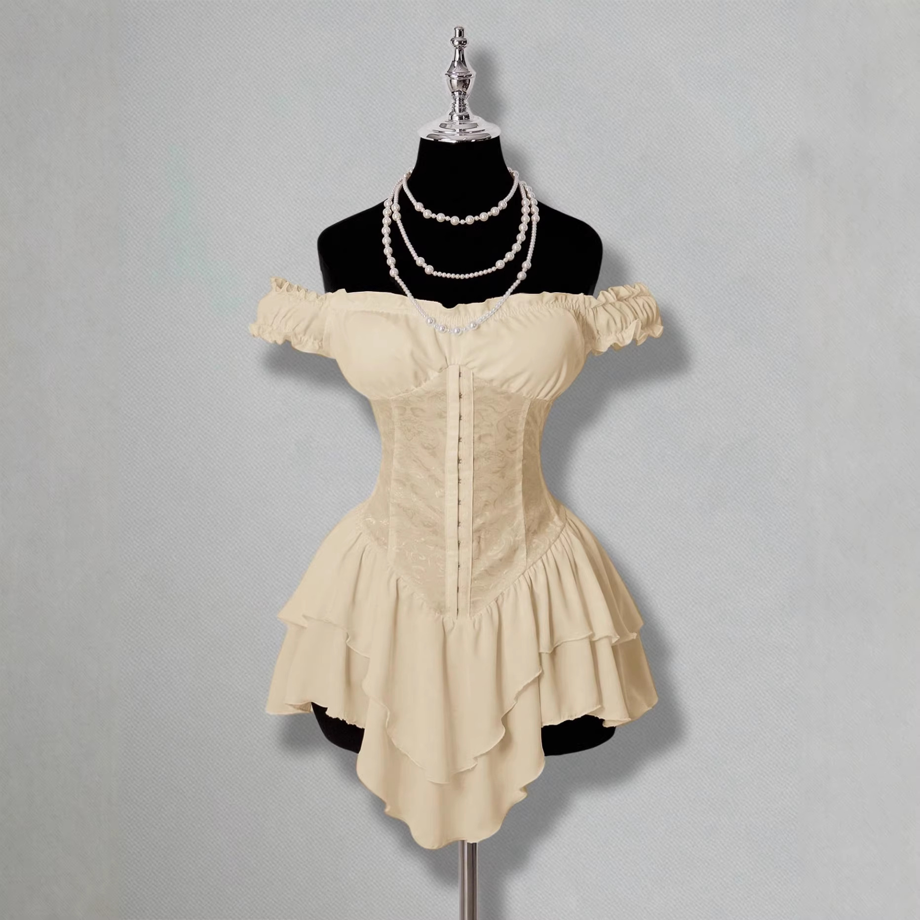 Jacquard Patchwork Ruffled Lotus Leaf Dress - Image 2