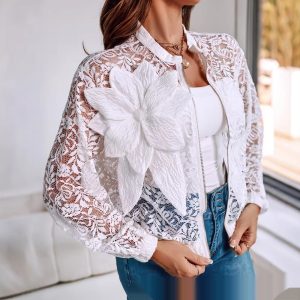 Womens Lightweight  Sheer White Lace Fabric Cropped Jacket With 3D Floral Detailing