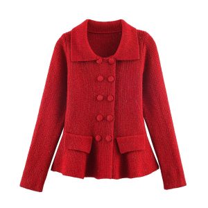 Casual Pocket Decoration Lapel Knit Sweater Jacket For Women