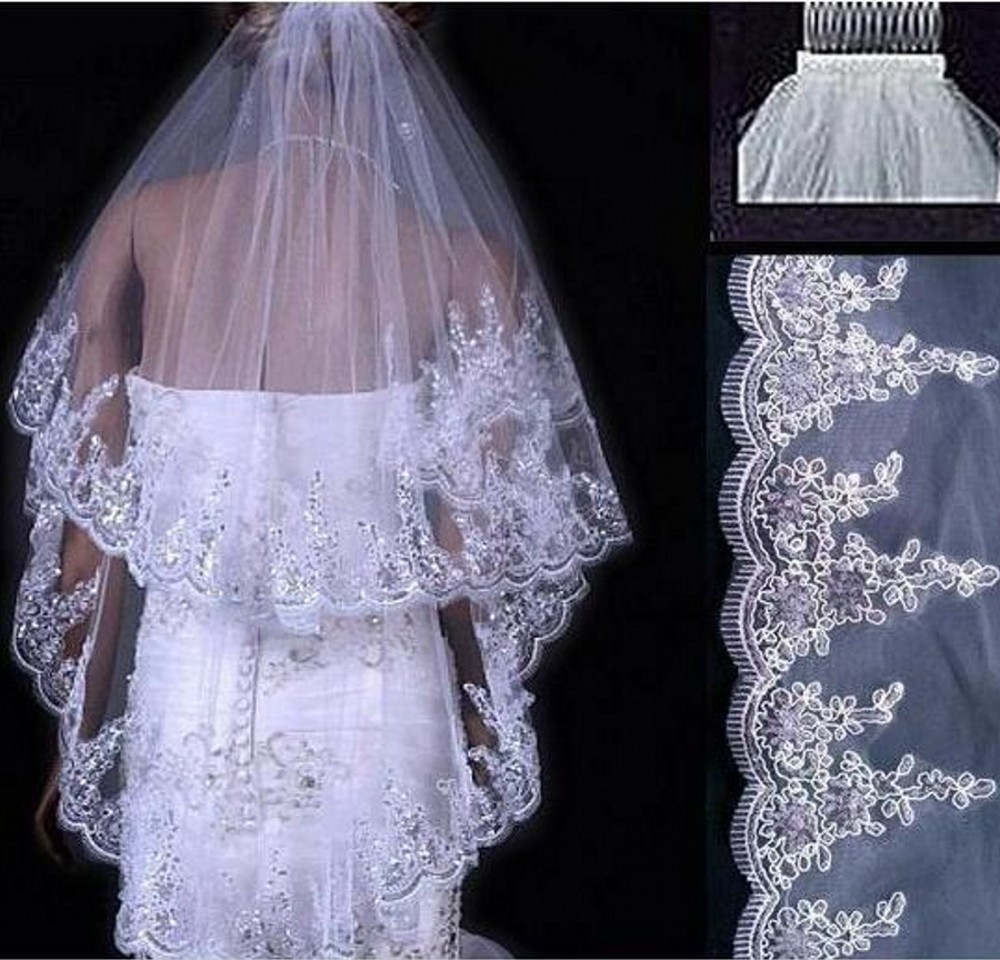 Bridal Sequined Polyester Veil Face Cover Two Layers Lace Sideband - Image 7