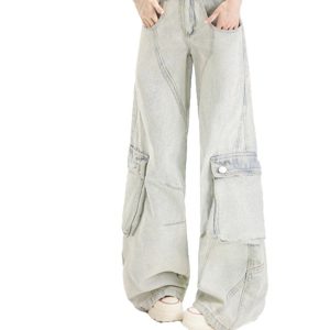 Womens Straight-Leg Multi-Pocket Workwear-Style Loose Wide-Leg Denim Jeans