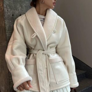 Leather And Fur Korean Style Long Sleeve Splicing Coat Women