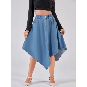 Womens Solid-Color Irregular Denim Skirt High-Waisted Denim Skirt