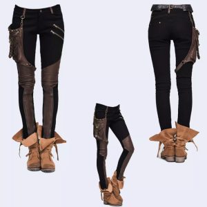 Street-style Punk And Western Rock Patchwork Solid-color Pencil Pants For Women
