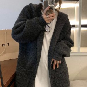 Womens Solid-Color Loose Hooded Sweater Jacket