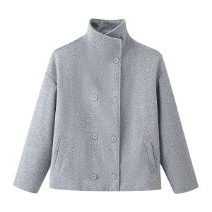 Womens Autumn Fashion Design Short Wool Coat With A Stand Collar And Double-Breasted Buttons