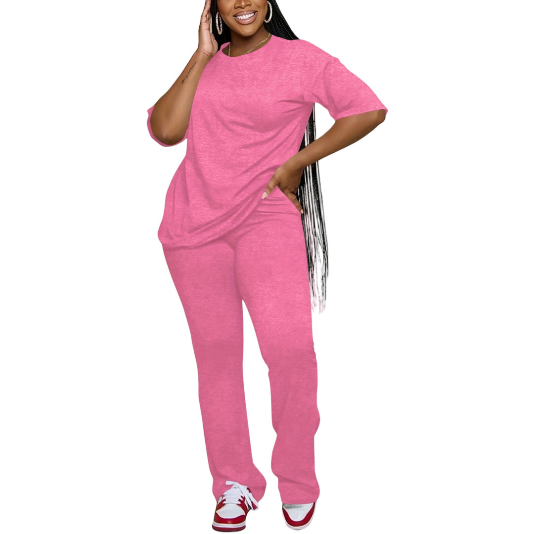 Casual Solid-Color Cotton-Like Crew-Neck Two-Piece Set - الصورة 4