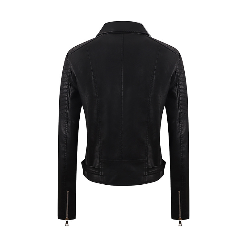 PU Women's Short Leather Oblique Pull Slim Motorcycle Clothing Washed Leather Jacket - Image 2