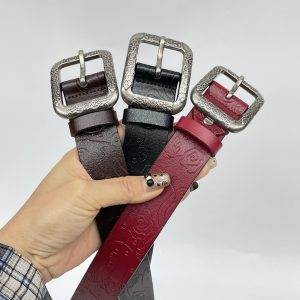 Vintage Leather Belt For Women Fashionable Embossed Cowhide
