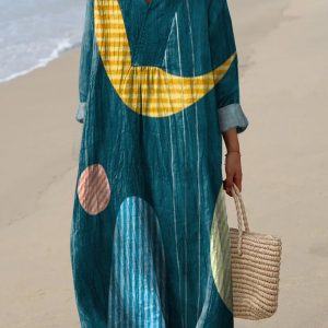 Resort Style Printed Long Sleeve For Women Loose Fitting V Neck Maxi Dress