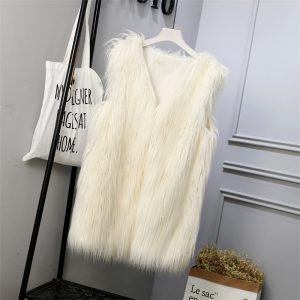 Womens Fashion Faux Fur Vest Mid-Length Fur-Lined Coat