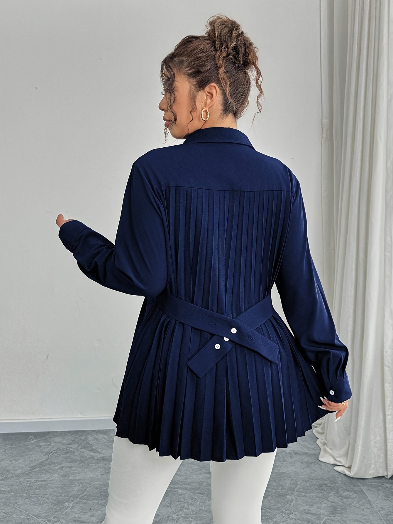 Elegant Casual Solid-color Shirt With Waist Pleats - الصورة 7