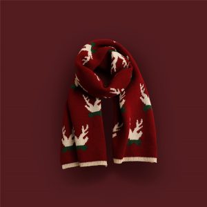 Red Knitted Scarf With Elk Print And Snowflake Pattern Designed For Warmth