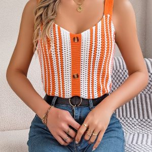 V-Neck Buttoned Color Block Hollow Out Knit Top - Vacation Cami