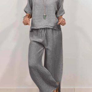 Womens Multi-Color Two-Piece Set Casual V-Neck Pullover With Three-Quarter Sleeves And Extended Pants