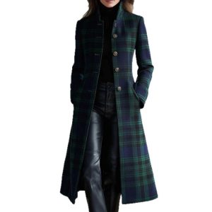 Womens Single-Breasted Plaid Long-Sleeve Long Cardigan Coat