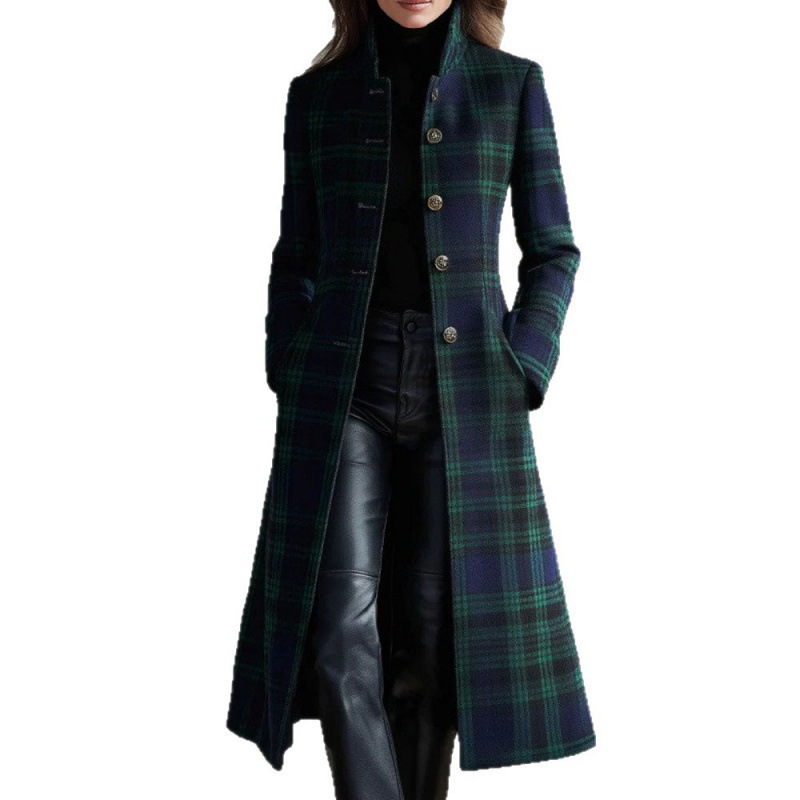 Womens Single-Breasted Plaid Long-Sleeve Long Cardigan Coat - Image 4