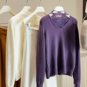 Lace-Panel Fake Two-Piece V-Neck Knitted Sweater