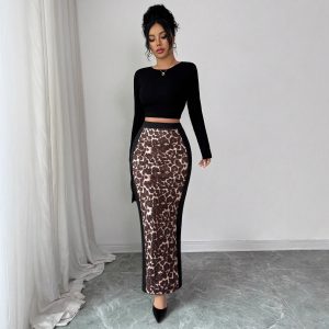Womens Leopard-Print Patchwork High-Waist Bodycon Split Skirt