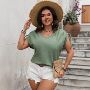 Womens V-neck Loose-fit Drawstring Short-sleeve Top