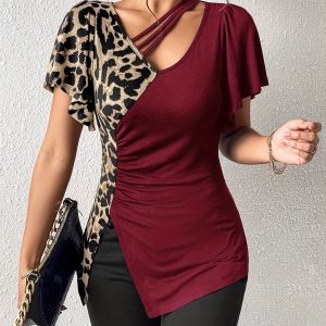 Womens Leopard-Print Asymmetrical-Neck Butterfly-Sleeve Patchwork Top