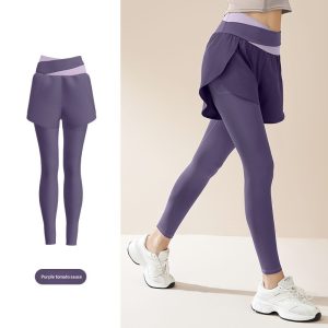 New Color-block Faux Two-piece Yoga Pants With Side Pockets