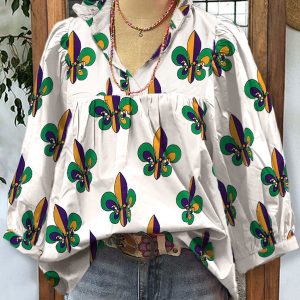 Loose-fitting Womens V-neck Top With Puffed Sleeves