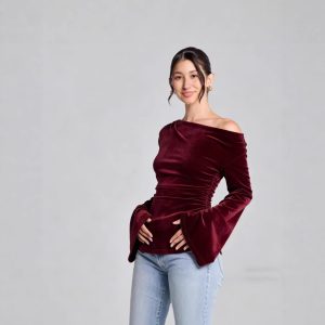 Slimming Pleated Fitted Top With Flared Sleeves