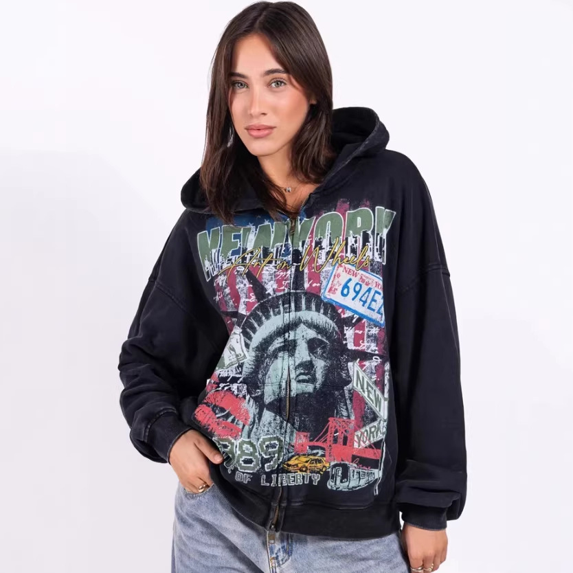 High-street Vintage Washed-and-distressed Print Hoodie With A Zip-up Hood - Image 2