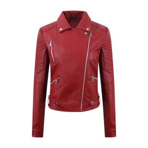 PU Women's Short Leather Oblique Pull Slim Motorcycle Clothing Washed Leather Jacket