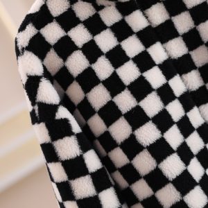Wool Checkered Stand Collar Zip-up Fleece Short Jacket
