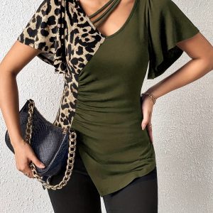 Womens Leopard-Print Asymmetrical-Neck Butterfly-Sleeve Patchwork Top