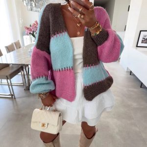 New Colorful Plaid Patchwork Contrast-color Knit Sweater Jacket With Gold Thread