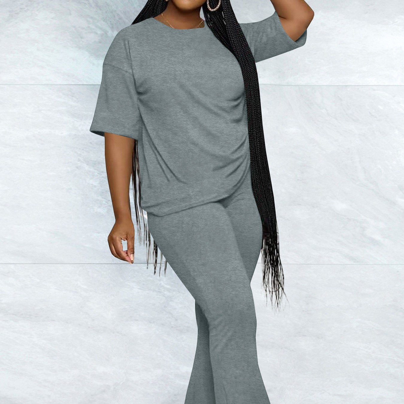 Casual Solid-Color Cotton-Like Crew-Neck Two-Piece Set