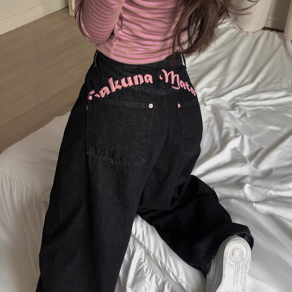 Letter-embroidered Printed High-waist Slimming Straight-leg Jeans