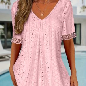 Womens Solid-Color V-Neck Loose Short-Sleeve Pleated T-Shirt Top