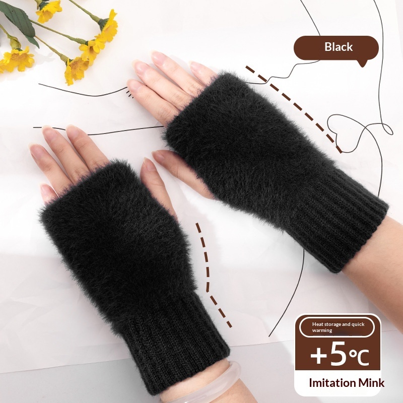 Women's Half-finger Plush Thermal Knit Gloves - Image 8