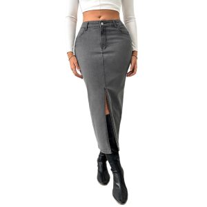 Womens Solid-Color High-Waist Vintage Denim Skirt