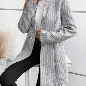Vertical Patterned Women's Woolen Coat Casual Coat
