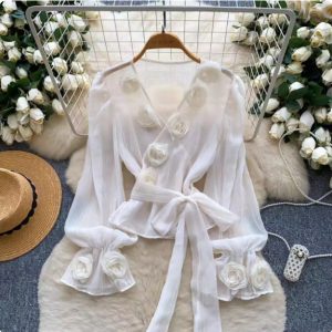 French-style Soft-aura Blouse With Flared Sleeves And 3D Floral Detailinglightweight And Delicate