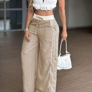 Panel-joined High-waist Straight-leg Wide-leg Pants With Pockets