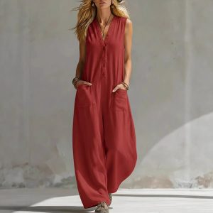 SpringSummer Womens Casual Linen-Cotton Sleeveless Jumpsuit