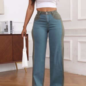 Womens Slim-Fit Wide-Leg Stretch Denim Pants With Panel Design