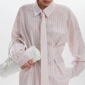 Turn-down Collar Long-sleeve Striped Shirt With Tie